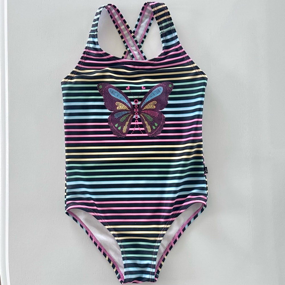 deux par deux- One Piece Swimsuit, Butterfly with Colorful Stripes, Size 5/6